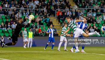 Bradley Banda of St Joseph's saves a shot from John McGovern of Shamrock Rovers during the Conference League Second Qualifying Round second leg match game between Shamrock Rovers and St Joseph’s at Tallaght Stadium on 31 July 2025