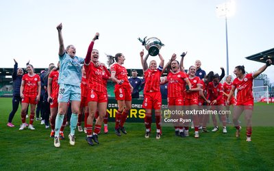 Shelbourne celebrate their FAI Cup win over Athlone Town at Tallaght Stadium on 20 October 2024