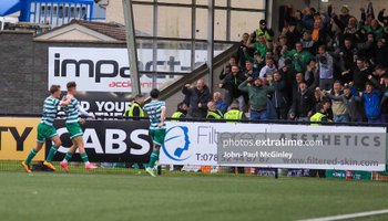 Richie Towell celebrating the opening goal for Rovers in Derry