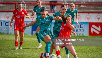 Action from the scorless draw between Shelbourne and Shamrock Rovers at Tolka Park in April 2024