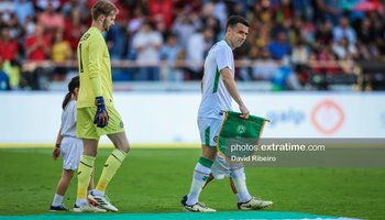 Seamus Coleman of Ireland enters the pitch before the friendly between Portugal and Ireland played at Estádio Municipal de Aveiro, Aveiro, Portugal on 11 June 2024