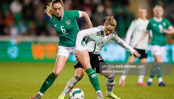 Megan Connolly of Ireland in action against Jess Fishlock of Cymru  during the international Friendly between the sides at Tallaght Stadium Dublin, 27th Feb 2024,