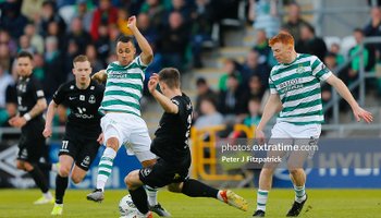 Graham Burke challenges for the ball in the Champions League qualifier first leg against Breidablik