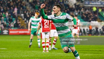 Trevor Clarke celebrating scoring against St Pats in the President's Cup earlier this month
