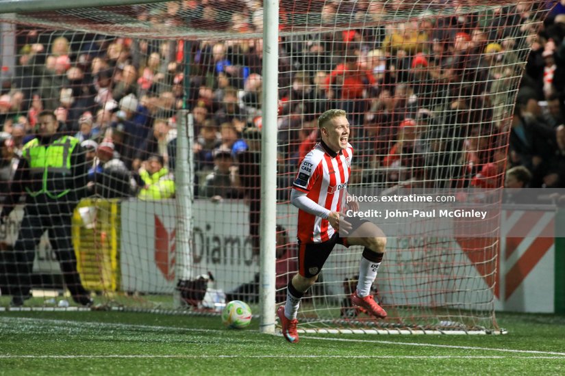 Josh Thomas celebrating his late winner for Derry City against Sligo Rovers