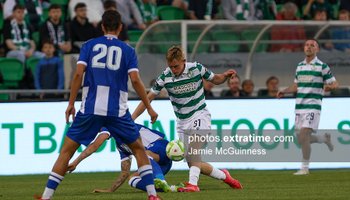 Michael Noonan of Shamrock Rovers during the Conference League Second Qualifying Round second leg match game between Shamrock Rovers and St Joseph’s at Tallaght Stadium in August 2025