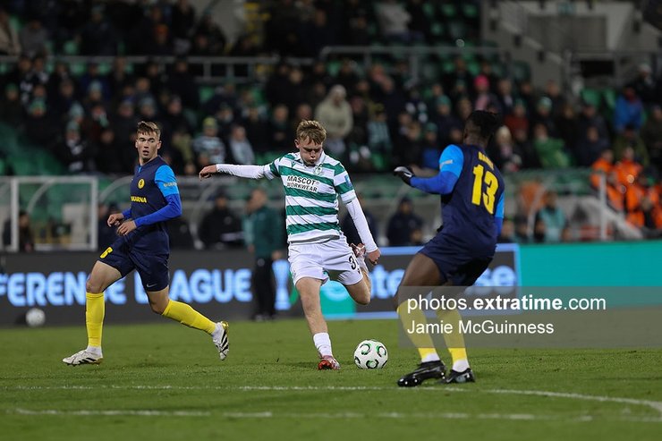 Michael Noonan of Shamrock Rovers takes a shot towards goal during the UEFA Conference League Phase match game between Shamrock Rovers and NK Celje at Tallaght Stadium in October 2025
