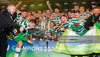 Shamrock Rovers celebrating after lifting the trophy after their 1-0 win over Derry City in November