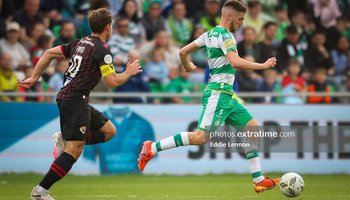 Dylan Watts on the ball in Rovers' 2-1 win over Vikingur in the first qualifying round of the Champions League in June 2024