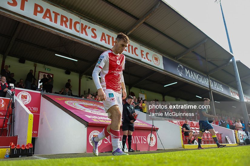 Mason Melia of St Patrick's Athletic walks out onto the pitch ahead of the SSE Airtricity Premier Division match between St Patrick’s Athletic and Sligo Rovers in Richmond Park, Dublin on 10 August 2025