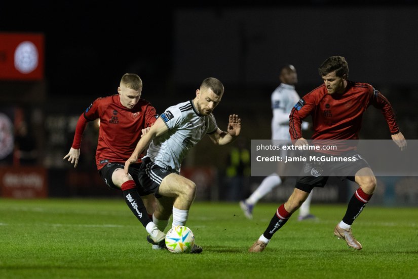 Ross Tierney and Adam McDonnell of Bohemian FC in action during the SSE Airtricity League Men's Premier Division match between Bohemian Football Club and Galway United FC at Dalymount Park.